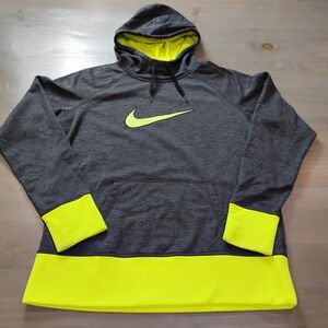 Nike Hoodie Womens L Gray Neon Yellow Swoosh Therma Fit Fleece Sweatshirt